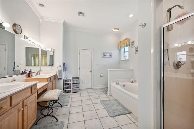 bathroom featuring tile patterned floors, ornamental molding, separate shower and tub, and dual bowl vanity