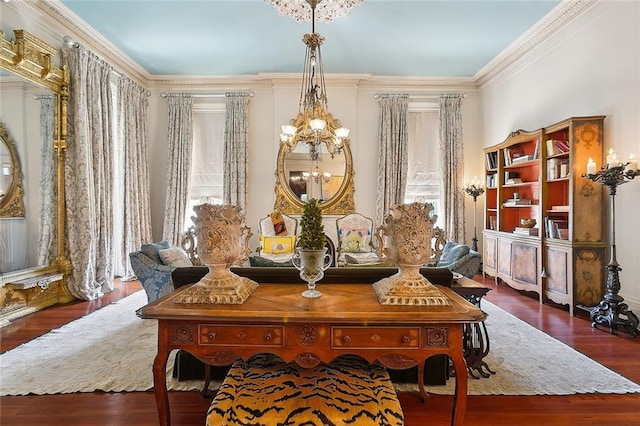 2027 Carondelet St, New Orleans, LA 70130 - living area featuring plenty of natural light, ornamental molding, dark hardwood / wood-style floors, and a chandelier