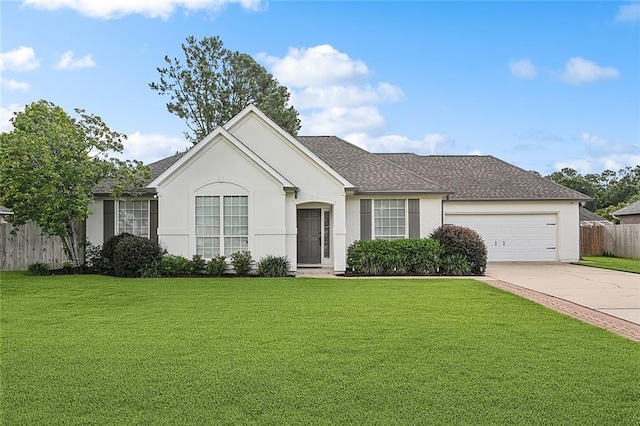 single story home featuring a garage and a front yard