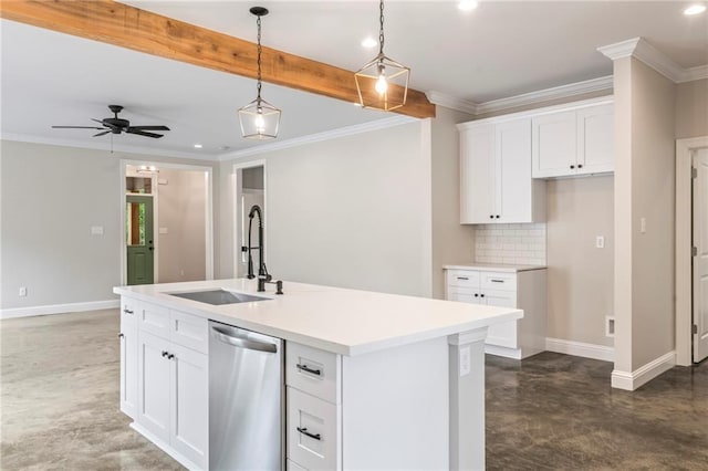 kitchen with stainless steel dishwasher, ceiling fan, beamed ceiling, backsplash, and a kitchen island with sink