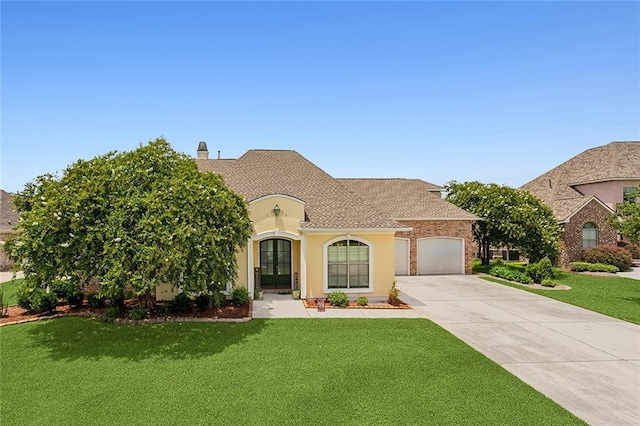 view of front of property featuring a front yard, french doors, and a garage