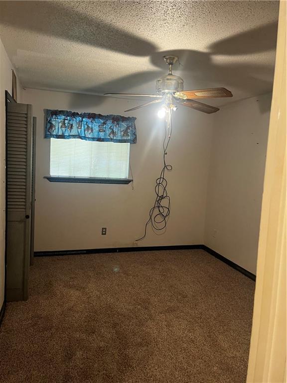 empty room featuring ceiling fan, carpet flooring, and a textured ceiling