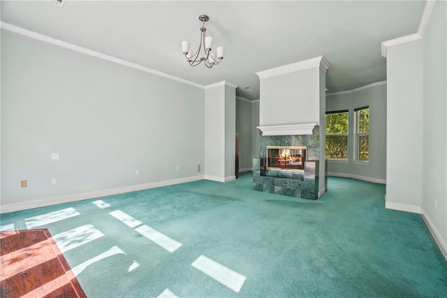 30 River Cypress Ln, Madisonville, LA 70447 - unfurnished living room with baseboards, crown molding, carpet flooring, a high end fireplace, and a chandelier