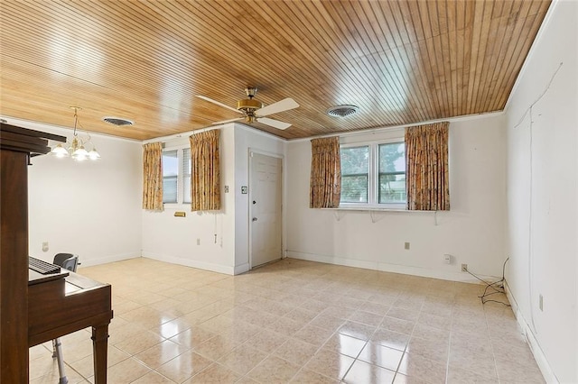 tiled spare room featuring ornamental molding, ceiling fan with notable chandelier, and wood ceiling