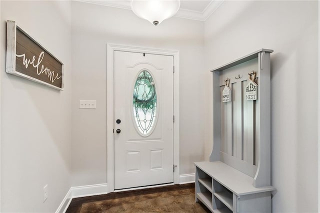 mudroom featuring ornamental molding