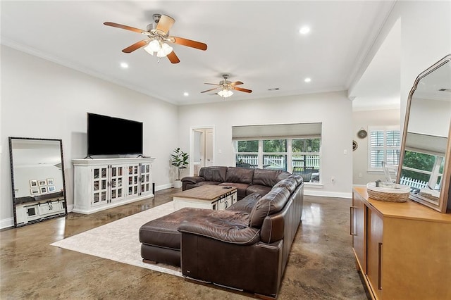 living room with crown molding and ceiling fan