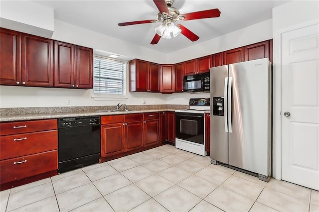 kitchen with light tile patterned floors, sink, ceiling fan, and black appliances