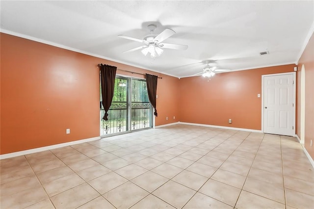 tiled spare room featuring ceiling fan and ornamental molding