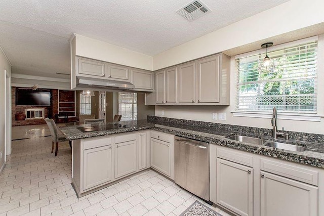 3412 Tolmas Dr, Metairie, LA 70002 - kitchen with dishwasher, a sink, under cabinet range hood, black electric cooktop, and gray cabinetry