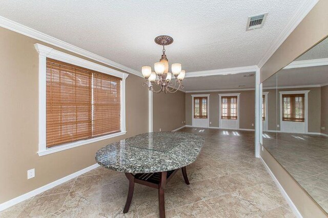 3412 Tolmas Dr, Metairie, LA 70002 - dining area with a chandelier, ornamental molding, a textured ceiling, and baseboards