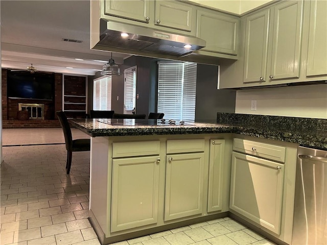 kitchen featuring black electric cooktop, dark stone counters, kitchen peninsula, and light tile patterned floors