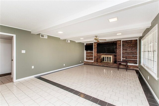 3412 Tolmas Dr, Metairie, LA 70002 - unfurnished living room with beam ceiling, a ceiling fan, tile patterned floors, baseboards, and a brick fireplace