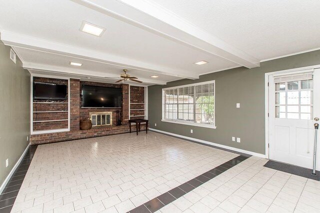 3412 Tolmas Dr, Metairie, LA 70002 - unfurnished living room featuring a ceiling fan, baseboards, beamed ceiling, a brick fireplace, and tile patterned floors