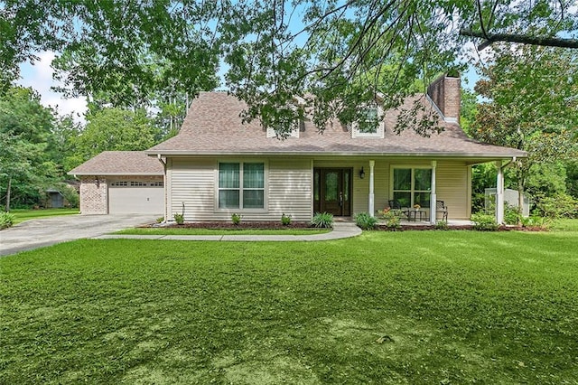 view of front of property featuring a garage, a front yard, and covered porch