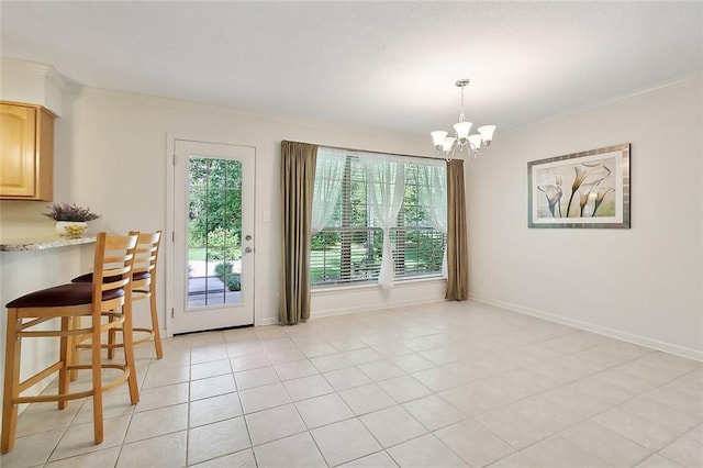 interior space featuring ornamental molding, light tile patterned floors, and a chandelier