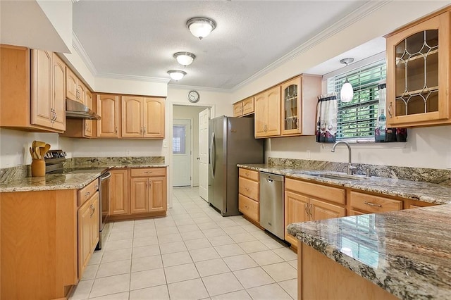 kitchen with ornamental molding, appliances with stainless steel finishes, stone countertops, and sink