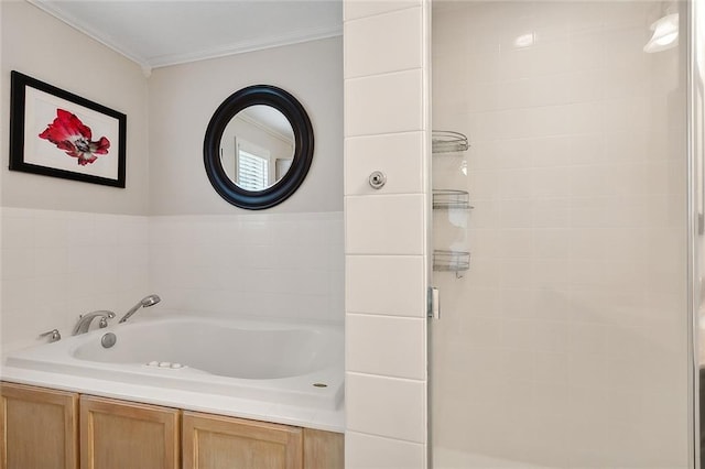 bathroom featuring ornamental molding and plus walk in shower