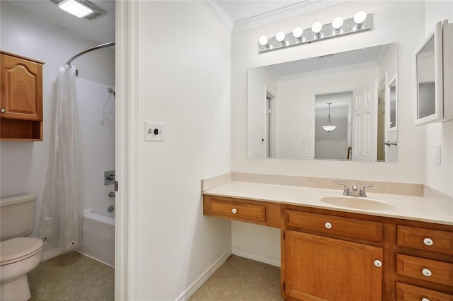 full bathroom featuring toilet, ornamental molding, vanity, and shower / bath combo with shower curtain