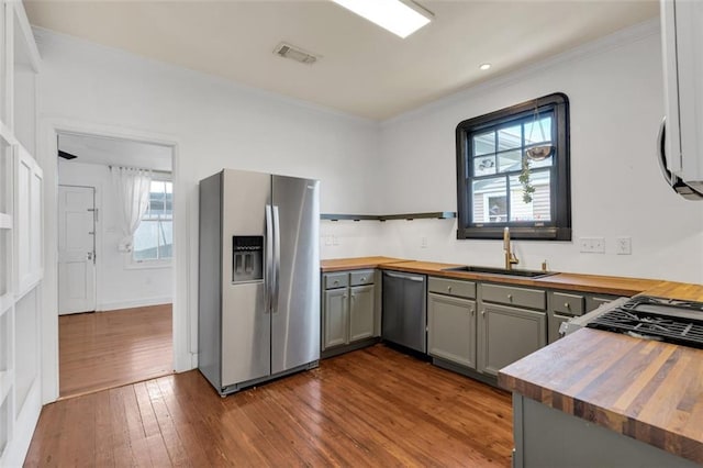 kitchen featuring gray cabinets, hardwood / wood-style floors, butcher block countertops, sink, and stainless steel appliances