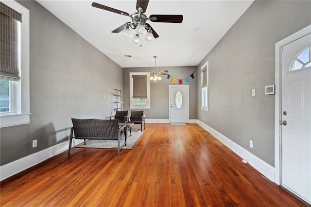 foyer with plenty of natural light, wood-type flooring, and ceiling fan