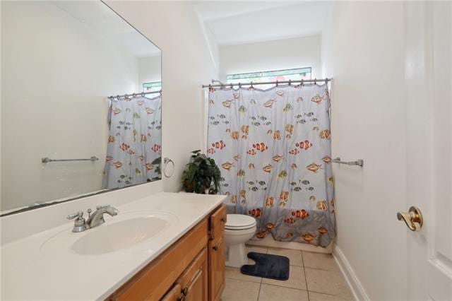 bathroom with tile patterned flooring, toilet, and vanity