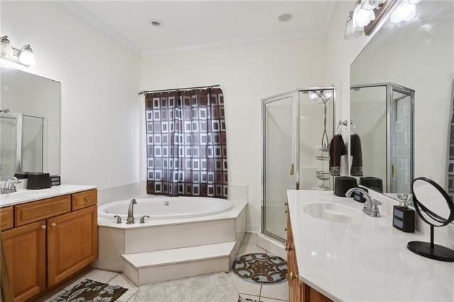 bathroom with ornamental molding, vanity, tile patterned floors, and shower with separate bathtub