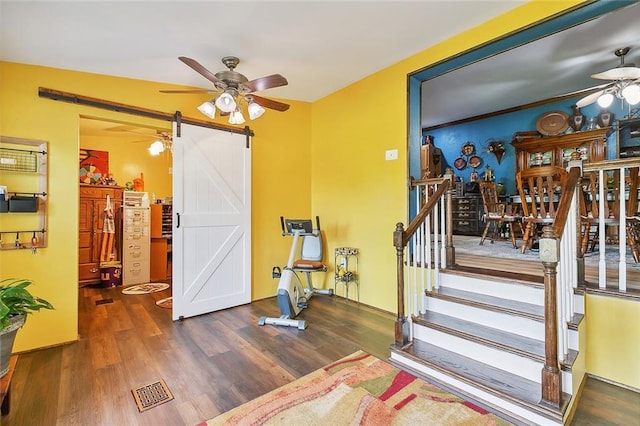 foyer entrance featuring ceiling fan, a barn door, and dark hardwood / wood-style flooring