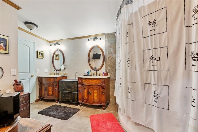 bathroom with crown molding, tile patterned floors, vanity, and shower / bath combo