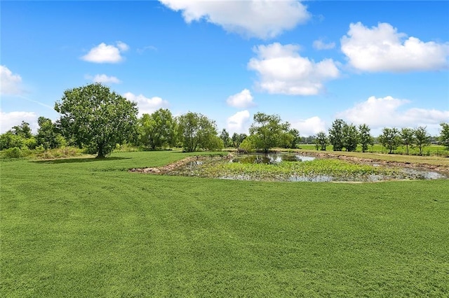 view of home's community with a water view and a yard