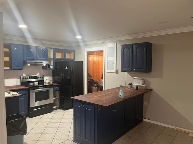 kitchen featuring wooden counters, stainless steel electric range oven, light tile patterned floors, and black fridge with ice dispenser