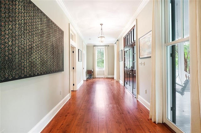 hallway featuring crown molding and hardwood / wood-style flooring