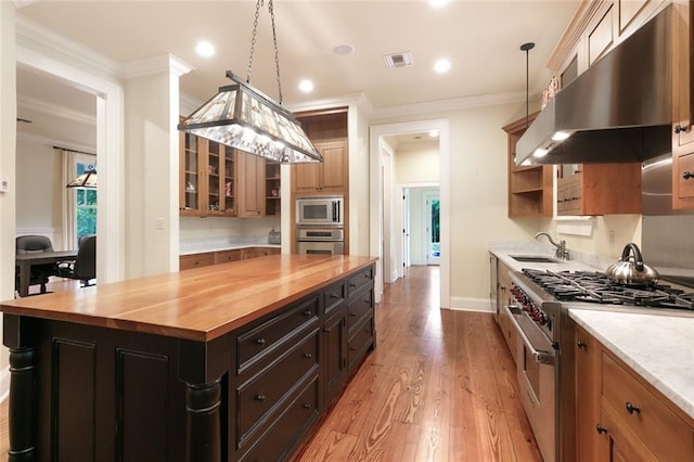 kitchen featuring light hardwood / wood-style flooring, stainless steel appliances, wooden counters, decorative light fixtures, and a center island