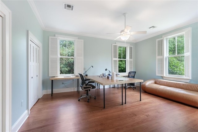 office space with ceiling fan, wood-type flooring, and ornamental molding