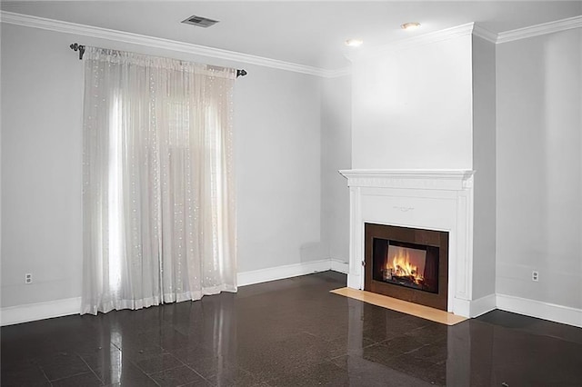 unfurnished living room featuring ornamental molding