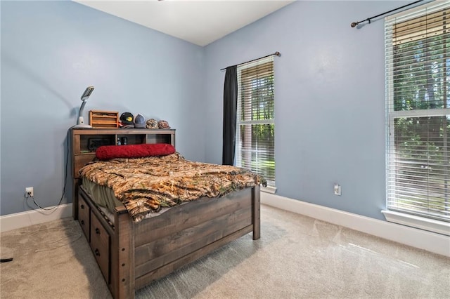 carpeted bedroom featuring multiple windows