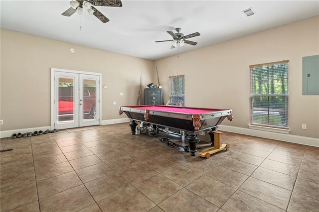 game room featuring ceiling fan, electric panel, light tile patterned floors, and pool table