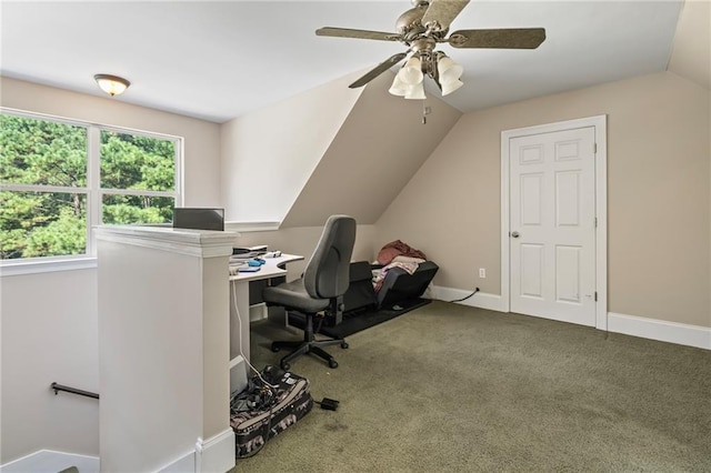 office with carpet, ceiling fan, and vaulted ceiling