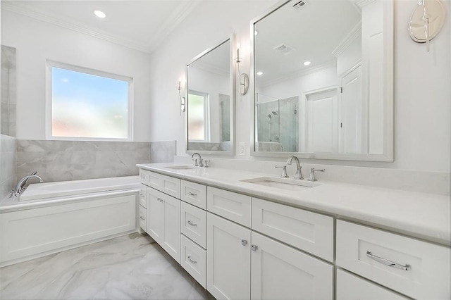 bathroom featuring double vanity, shower with separate bathtub, ornamental molding, and tile patterned flooring