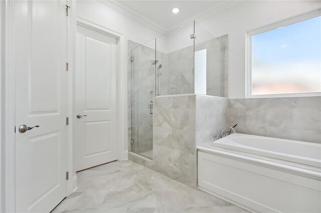 bathroom with ornamental molding, tile patterned flooring, and separate shower and tub