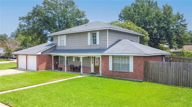 view of property featuring a garage and a front lawn