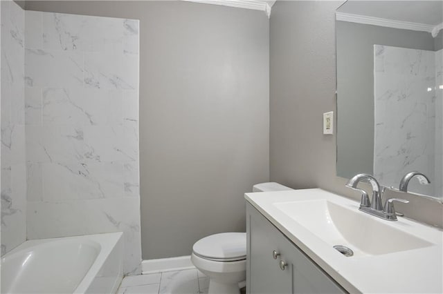 bathroom featuring vanity, crown molding, toilet, and tile patterned floors