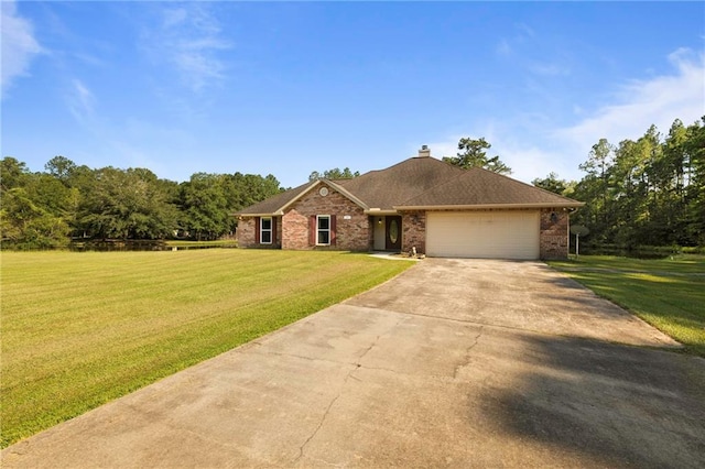 single story home with a garage and a front yard