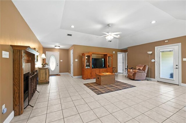17 P M Hall Rd, Poplarville, MS 39470 - tiled living room featuring lofted ceiling and ceiling fan