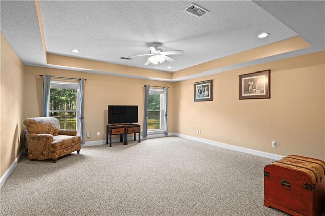 17 P M Hall Rd, Poplarville, MS 39470 - sitting room with carpet floors, a textured ceiling, ceiling fan, and a raised ceiling