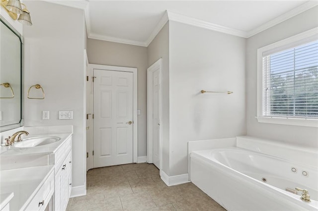 bathroom featuring tile patterned flooring, a tub, crown molding, and vanity