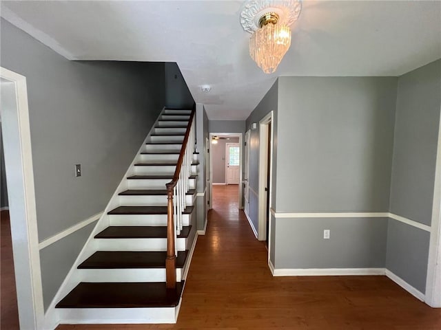 stairs featuring a notable chandelier and dark hardwood / wood-style floors