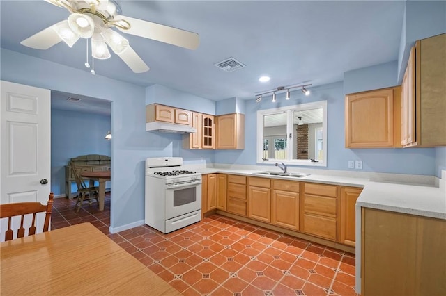 kitchen featuring ceiling fan, tile patterned flooring, gas range gas stove, sink, and light brown cabinetry