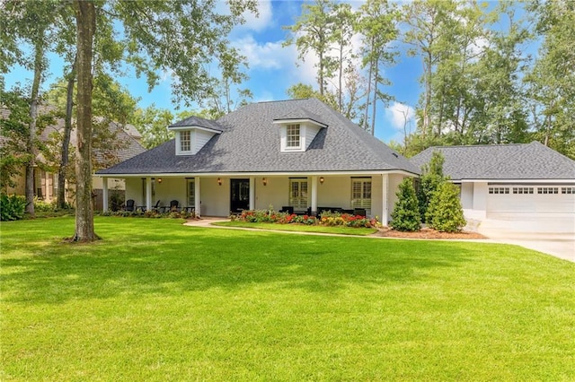 view of front facade featuring a front lawn, covered porch, and a garage