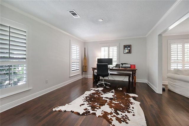 office area with ornamental molding and dark wood-type flooring