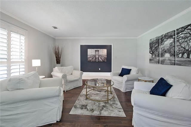 living room featuring dark hardwood / wood-style floors and crown molding